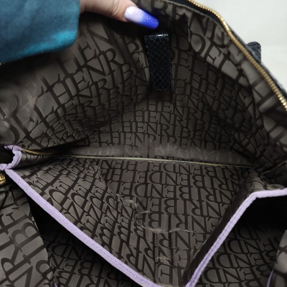 Henri Bendel Laptop Bag Disturbed Stripe Brown Black Canvas Leather Briefcase - Picture 6 of 16